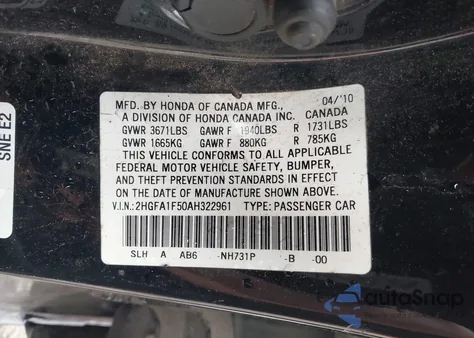 2010 Honda Civic Lx z USA, uszkodzony, nr VIN 2HGFA1F50AH322961